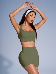 SHEIN Sovereign Charm 女款素色羅紋運動背心與短褲套裝 - 橄欖綠 - 查看 5