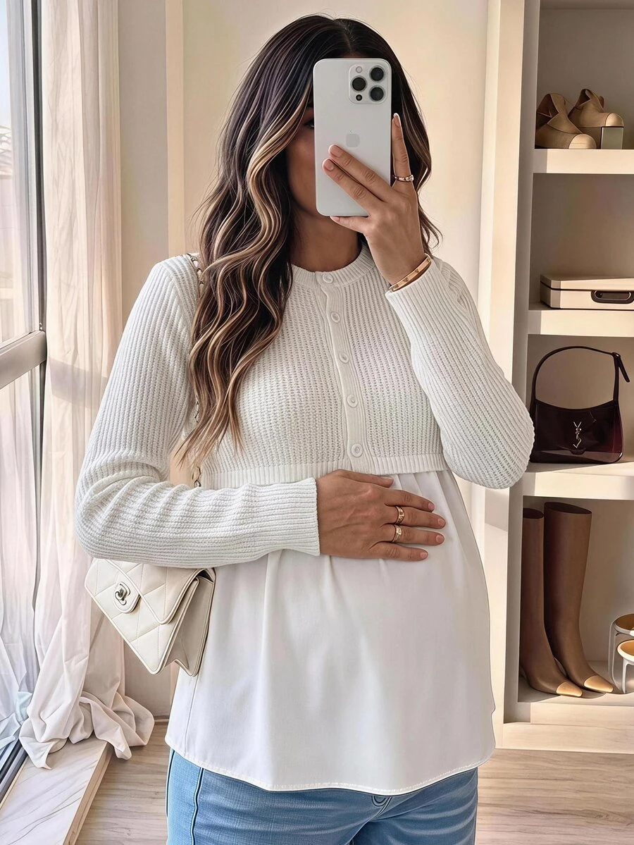 Lyckli Maternity Autumn Casual Solid Color Patchwork 2 In 1 Sweater Winter - White - View 1