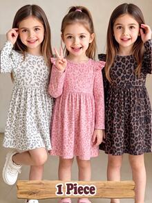 1 Random Piece Girls' Leopard Print Ruffle Ribbed Knit Long-Sleeve Dress – Cute Round-Neck A-Line Casual Dress For Spring Autumn - Multicolor - View 1