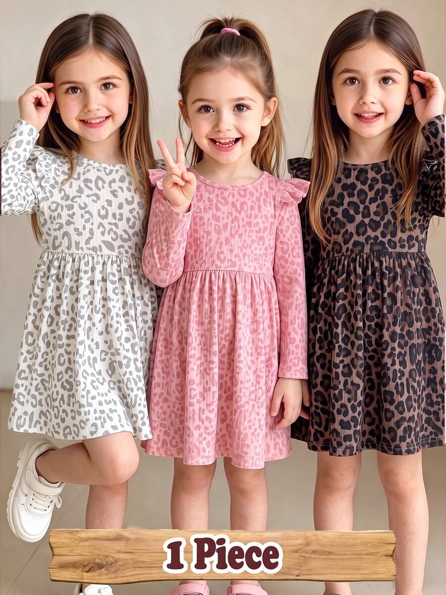 1 Random Piece Girls' Leopard Print Ruffle Ribbed Knit Long-Sleeve Dress – Cute Round-Neck A-Line Casual Dress For Spring Autumn - Multicolor - View 1