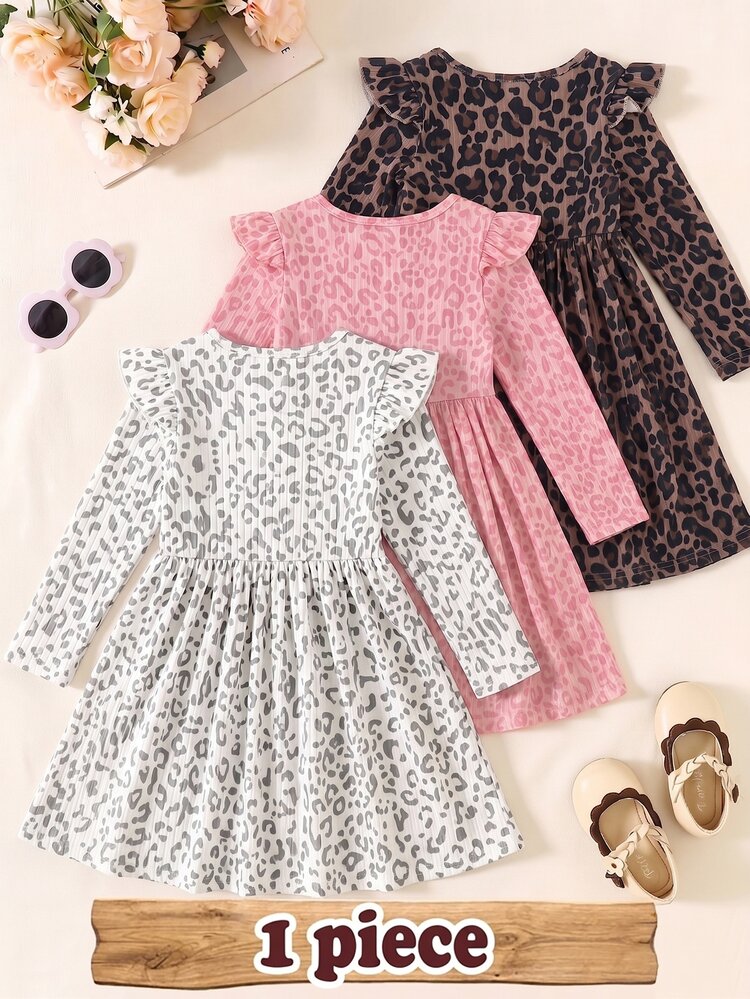 1 Random Piece Girls' Leopard Print Ruffle Ribbed Knit Long-Sleeve Dress – Cute Round-Neck A-Line Casual Dress For Spring Autumn - Multicolor - View 2