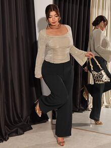 Firerie Plus Size Women's Ruched Long Sleeve Slim Fit Fashion Glitter T-Shirt Elegant Corset For Fall/Winter Wedding Cocktail Night Out Party Light Blue - Khaki - View 7