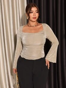 Firerie Plus Size Women's Ruched Long Sleeve Slim Fit Fashion Glitter T-Shirt Elegant Corset For Fall/Winter Wedding Cocktail Night Out Party Light Blue - Khaki - View 2