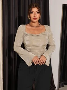 Firerie Plus Size Women's Ruched Long Sleeve Slim Fit Fashion Glitter T-Shirt Elegant Corset For Fall/Winter Wedding Cocktail Night Out Party Light Blue - Khaki - View 4