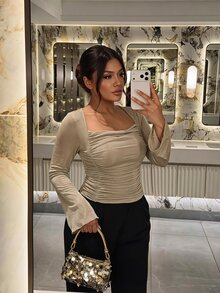 Firerie Plus Size Women's Ruched Long Sleeve Slim Fit Fashion Glitter T-Shirt Elegant Corset For Fall/Winter Wedding Cocktail Night Out Party Light Blue - Khaki - View 10