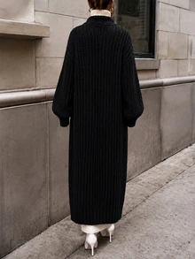 Balvessa Cardigan Panjang Rajut Tebal Longgar Terbaru untuk Musim Gugur/Dingin, Pakaian Luar Serbaguna - Hitam - View 2
