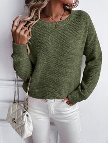 SHEIN Unity Solid Color Drop Shoulder Knit Pullover Fall Winter Sweater - Army Green - View 6