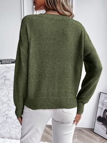 SHEIN Unity Solid Color Drop Shoulder Knit Pullover Fall Winter Sweater - Army Green - View 2