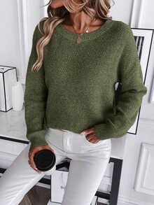 SHEIN Unity Solid Color Drop Shoulder Knit Pullover Fall Winter Sweater - Army Green - View 5