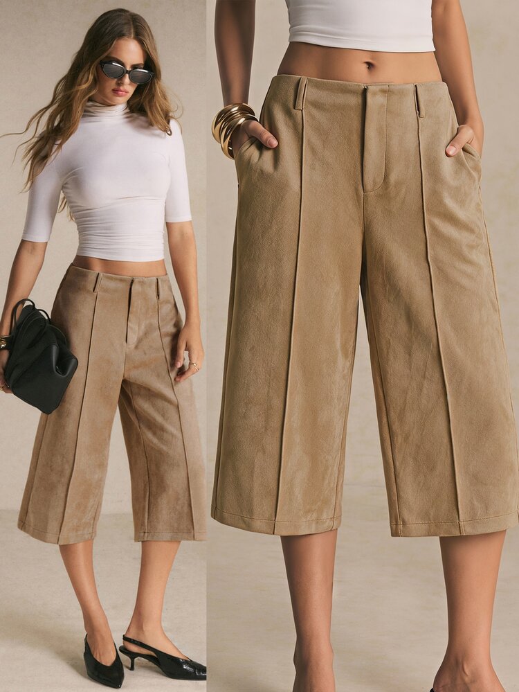Poéselle Women's Khaki Suede-Look Capri Pants, Mid-Low Rise Pleated Wide Leg Cropped Trousers With Side Pockets, Fall Winter Old Money Office Casual - Khaki - View 4