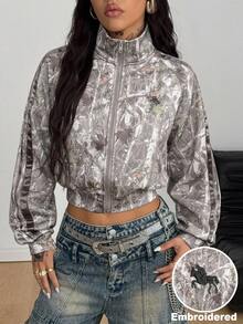 Coolane Women's Fall/Winter Streetwear Y2k Chic Vintage Basic Sportswear Casual Going Out Camo Tree Branch Pattern Zip Up Embroidered Warm Army Green Jacket - Olive Green - View 7