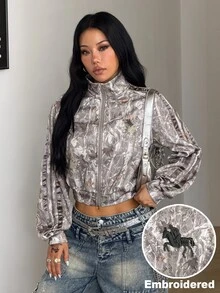 Coolane Women's Fall/Winter Streetwear Y2k Chic Vintage Basic Sportswear Casual Going Out Camo Tree Branch Pattern Zip Up Embroidered Warm Army Green Jacket - Olive Green - View 6