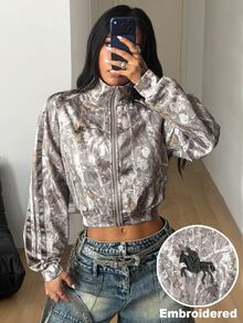 Coolane Women's Fall/Winter Streetwear Y2k Chic Vintage Basic Sportswear Casual Going Out Camo Tree Branch Pattern Zip Up Embroidered Warm Army Green Jacket - Olive Green - View 5