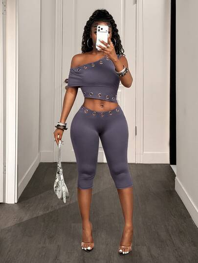 BamGleam American Style Hot Girl Asymmetrical Shoulder Metal Ring Hollow Out 2 Pieces Set, High Elasticity Slimming Nightclub Streetwear Cool Outfit