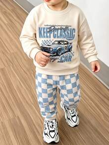 SHEIN Young Boys Car Graphic Crewneck Sweatshirt And Checkerboard Print Pants 2 Pieces Outfit Set White Autumn - Multicolor - View 1