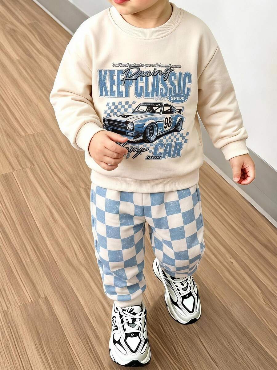 SHEIN Young Boys Car Graphic Crewneck Sweatshirt And Checkerboard Print Pants 2 Pieces Outfit Set White Autumn - Multicolor - View 1