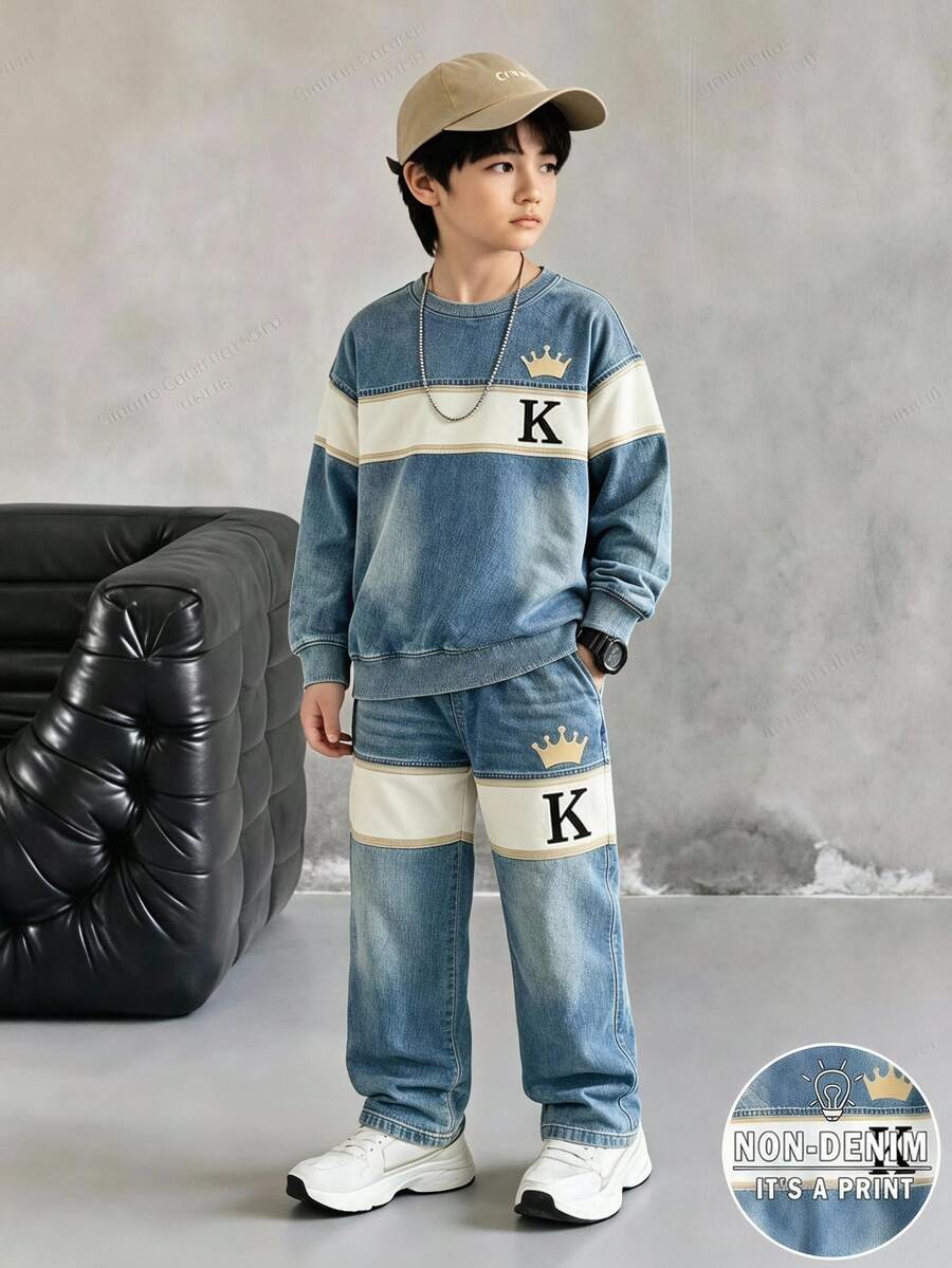 Tween Boys Casual Graphic K Letter Contrast Color Striped Print Drop Shoulder Sweatshirt Sweatpants 2 Pieces Set School Blue Autumn - Multicolor - View 1