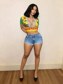 BamGleam Women's Sexy Lace-Up Motorcycle & Floral Print Cropped T-Shirt, Suitable For Music Festivals & Concerts - Multicolor - View 4