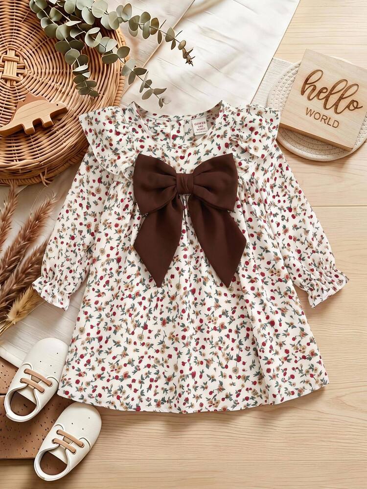 SHEIN Baby Girls Floral Print Long Sleeve Autumn Dress With Velvet Bow Detail And Ruffled Shoulders Baby Dress - Khaki - View 4