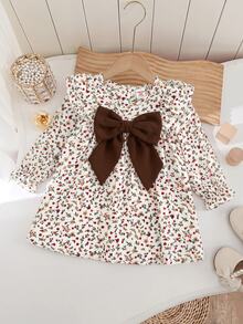 SHEIN Baby Girls Floral Print Long Sleeve Autumn Dress With Velvet Bow Detail And Ruffled Shoulders Baby Dress - Khaki - View 7