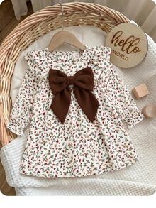 SHEIN Baby Girls Floral Print Long Sleeve Autumn Dress With Velvet Bow Detail And Ruffled Shoulders Baby Dress - Khaki - View 1