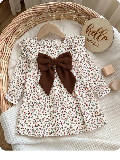 SHEIN Baby Girls Floral Print Long Sleeve Autumn Dress With Velvet Bow Detail And Ruffled Shoulders Baby Dress