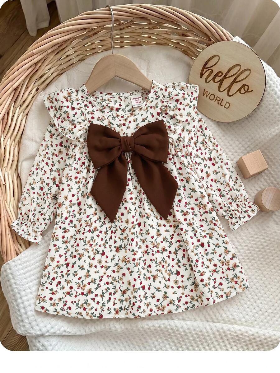 SHEIN Baby Girls Floral Print Long Sleeve Autumn Dress With Velvet Bow Detail And Ruffled Shoulders Baby Dress - Khaki - View 1