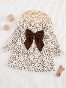 SHEIN Baby Girls Floral Print Long Sleeve Autumn Dress With Velvet Bow Detail And Ruffled Shoulders Baby Dress - Khaki - View 3
