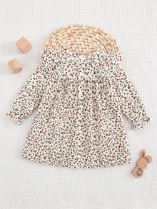SHEIN Baby Girls Floral Print Long Sleeve Autumn Dress With Velvet Bow Detail And Ruffled Shoulders Baby Dress - Khaki - View 6