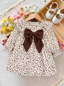 SHEIN Baby Girls Floral Print Long Sleeve Autumn Dress With Velvet Bow Detail And Ruffled Shoulders Baby Dress - Khaki - View 2