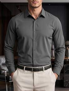 Manfinity Mode Men's Front Button Long Sleeve Pocket Casual Formal Shirt, Daily Wear, For Fall, Ceremony Style For Commuting - Grey - View 2