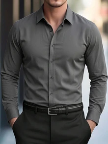 Manfinity Mode Men's Front Button Long Sleeve Pocket Casual Formal Shirt, Daily Wear, For Fall, Ceremony Style For Commuting - Grey - View 1
