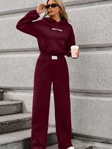 2pcs/Set Women Printed Long Sleeve Cropped Hoodie & Palazzo Pants Sweatsuit - Burgundy - View 5