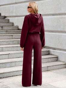2pcs/Set Women Printed Long Sleeve Cropped Hoodie & Palazzo Pants Sweatsuit - Burgundy - View 4
