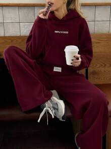 2pcs/Set Women Printed Long Sleeve Cropped Hoodie & Palazzo Pants Sweatsuit - Burgundy - View 2