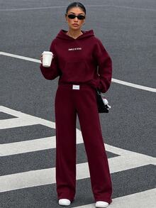 2pcs/Set Women Printed Long Sleeve Cropped Hoodie & Palazzo Pants Sweatsuit - Burgundy - View 3