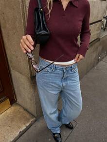 Women's Polo Collar  Knitwear Sweater - Burgundy - View 3