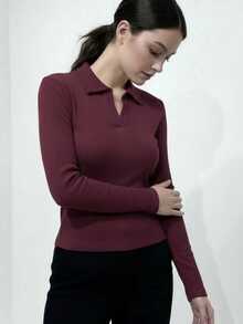 Women's Polo Collar  Knitwear Sweater - Burgundy - View 4
