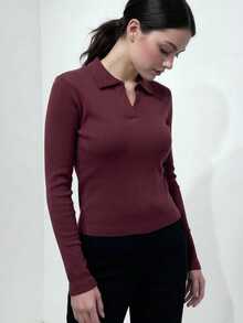 Women's Polo Collar  Knitwear Sweater - Burgundy - View 6