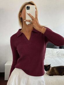 Women's Polo Collar  Knitwear Sweater - Burgundy - View 2