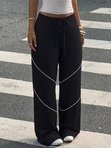 Women High Waist Drawstring Contrast Piping Wide Leg Casual Relaxed Pants - Black - View 2