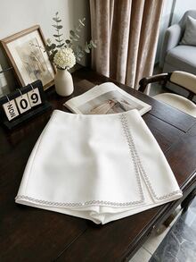 GlowEve CURVE Plus Contrast Rhinestone Trim Wrap Hem Skort Fall - White - View 3