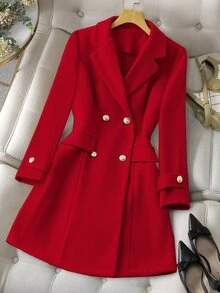 SHEIN LUNE CURVE Mantel Wol Wanita Ukuran Besar Warna Merah Terang, Kancing Ganda, Pinggang Dikencangkan, Panjang Sedang, Potongan Ramping, Gaya Elegan dan Elegan untuk Acara Formal Kantor Musim Gugur - Merah - View 3