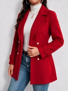 SHEIN LUNE CURVE Mantel Wol Wanita Ukuran Besar Warna Merah Terang, Kancing Ganda, Pinggang Dikencangkan, Panjang Sedang, Potongan Ramping, Gaya Elegan dan Elegan untuk Acara Formal Kantor Musim Gugur - Merah - View 4