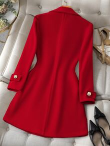 SHEIN LUNE CURVE Mantel Wol Wanita Ukuran Besar Warna Merah Terang, Kancing Ganda, Pinggang Dikencangkan, Panjang Sedang, Potongan Ramping, Gaya Elegan dan Elegan untuk Acara Formal Kantor Musim Gugur - Merah - View 2