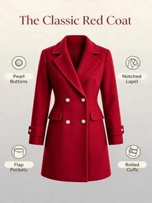 SHEIN LUNE CURVE Mantel Wol Wanita Ukuran Besar Warna Merah Terang, Kancing Ganda, Pinggang Dikencangkan, Panjang Sedang, Potongan Ramping, Gaya Elegan dan Elegan untuk Acara Formal Kantor Musim Gugur - Merah - View 5