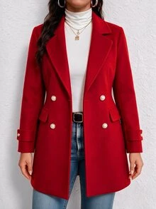 SHEIN LUNE CURVE Mantel Wol Wanita Ukuran Besar Warna Merah Terang, Kancing Ganda, Pinggang Dikencangkan, Panjang Sedang, Potongan Ramping, Gaya Elegan dan Elegan untuk Acara Formal Kantor Musim Gugur - Merah - View 1