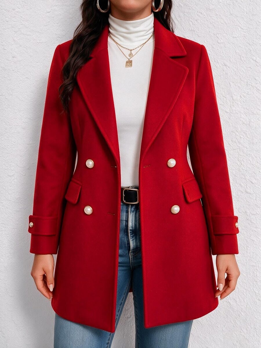 SHEIN LUNE CURVE Mantel Wol Wanita Ukuran Besar Warna Merah Terang, Kancing Ganda, Pinggang Dikencangkan, Panjang Sedang, Potongan Ramping, Gaya Elegan dan Elegan untuk Acara Formal Kantor Musim Gugur - Merah - View 1