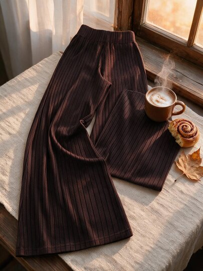 SHEIN LUNE CURVE Plus Size Coffee Brown Vertical Ribbed Knit Wide Leg Pants For Women, High Waist Elastic Drape Floor Length Long Pants, Soft Flattering Casual Knit Trousers For Autumn/Winter