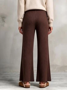 SHEIN LUNE CURVE Plus Size Coffee Brown Vertical Ribbed Knit Wide Leg Pants For Women, High Waist Elastic Drape Floor Length Long Pants, Soft Flattering Casual Knit Trousers For Autumn/Winter - Coffee Brown - View 2